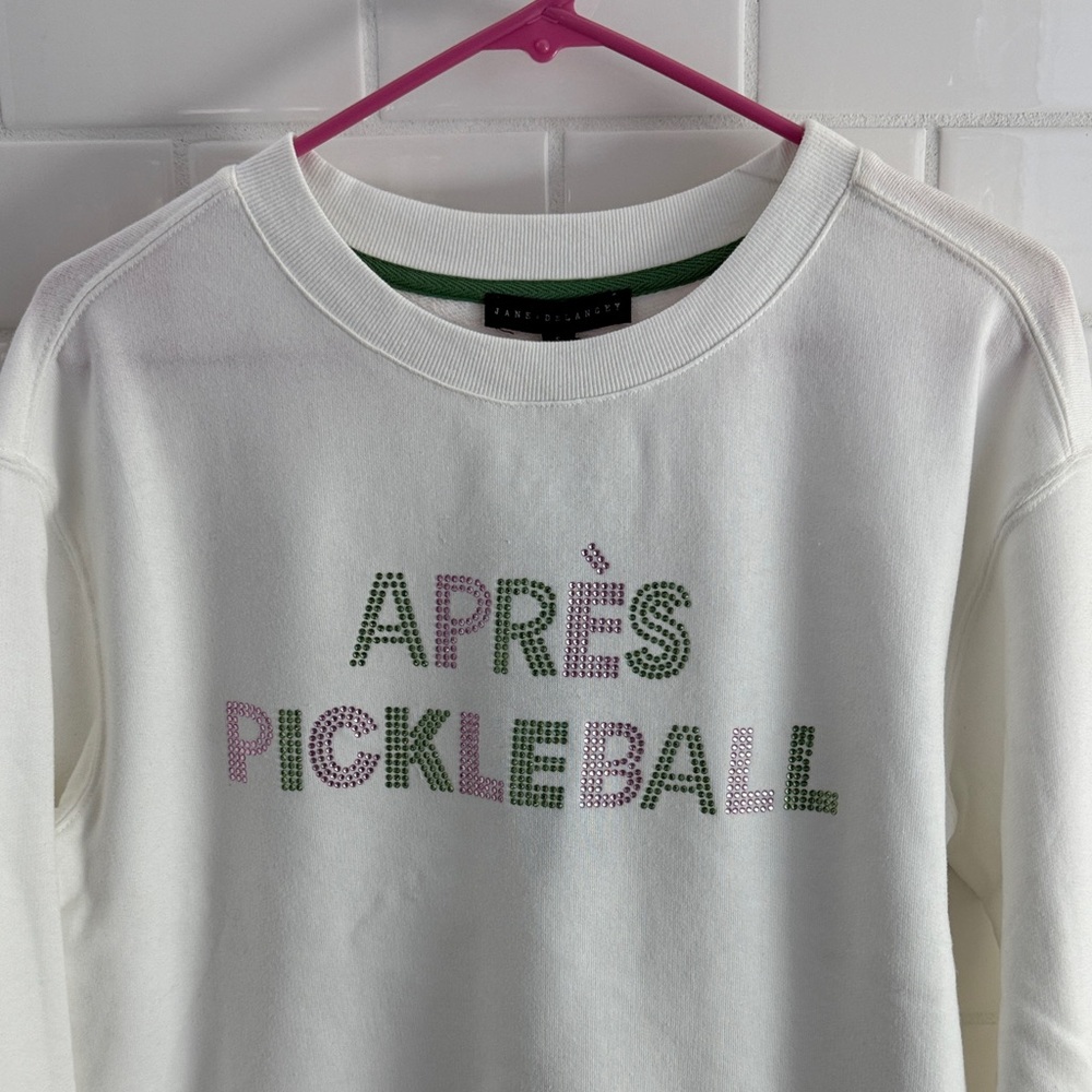 Jane and Delancey White Sweatshirt with Green and Pink Accents